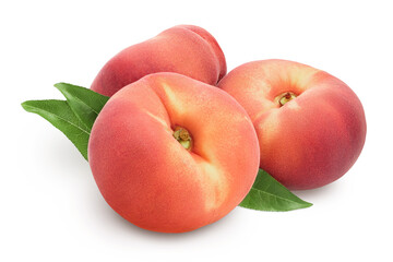 Ripe chinese flat peach fruit with leaf isolated on white background with clipping path and full depth of field