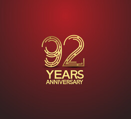 92 years golden anniversary logotype with labyrinth style number isolated on red background. vector can be use for template, company special event and celebration moment