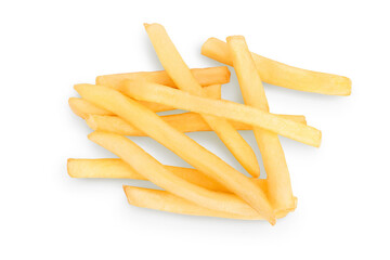 French fries or fried potatoes isolated on white background with clipping path and full depth of field. Top view. Flat lay