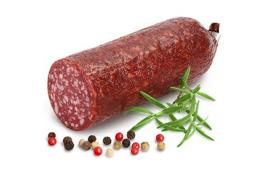 Smoked sausage salami isolated on white background with clipping path and full depth of field