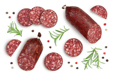 Smoked sausage salami with slices isolated on white background with clipping path and full depth of...
