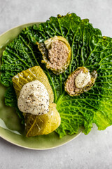Cabbage rolls with minced meat and quinoa. Stuffed savoy cabbage rolls with cream