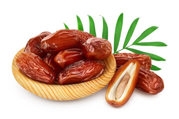 Dates in wooden bowl isolated on white background with clipping path and full depth of field.
