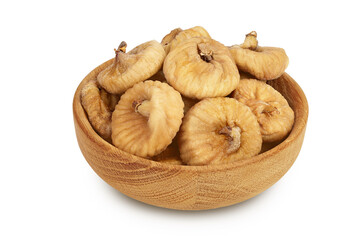 dried figs in wooden bowl isolated on white background with clipping path and full depth of field