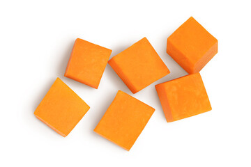 butternut squash diced isolated on white background with clipping path and full depth of field. Top view. Flat lay