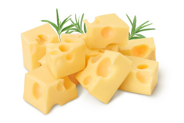 cubes of cheese isolated on white background with clipping path and full depth of field