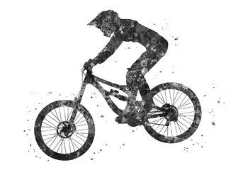 Fototapeta na wymiar Downhill mountain bike black and white watercolor art, abstract sport painting. sport art print, watercolor illustration artistic, greyscale, decoration wall art.