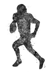 American football player black and white watercolor art, abstract sport painting. sport art print, watercolor illustration artistic, greyscale, decoration wall art.