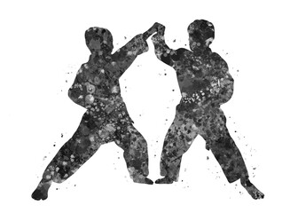 Fototapeta na wymiar Taekwondo training boy black and white watercolor art, abstract sport painting. sport art print, watercolor illustration artistic, greyscale, decoration wall art.