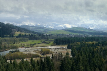 View of spring Tatra mountains and Białka river.