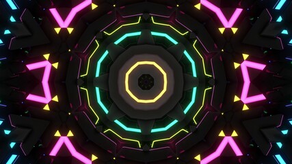 3d render. Dark background with abstract symmetrical pattern of geometric 3d stuff and neon light. Science fiction cyberpunk bg with mechanism and neon light