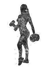 Weightlifter gym girl black and white watercolor art, abstract sport painting. sport art print, watercolor illustration artistic, greyscale, decoration wall art.