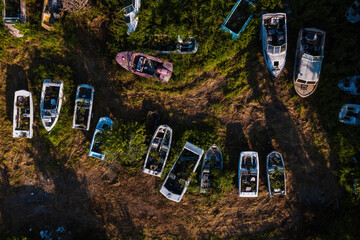 Aerial of Abandoned Boats at Overgrown Marina - Greenup, Kentucky