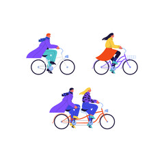Set of flat illustrations of different people wearing casual clothes riding vintage cruiser city bikes and a couple riding a tandem bicycle