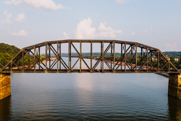 Late Evening Aerial of Historic Norfolk Southern Railway Bridge - Ohio River - Kenova, West Virginia & Ohio