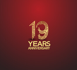 19 years golden anniversary logotype with labyrinth style number isolated on red background. vector can be use for template, company special event and celebration moment