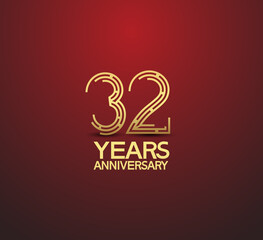 32 years golden anniversary logotype with labyrinth style number isolated on red background. vector can be use for template, company special event and celebration moment