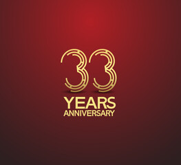 33 years golden anniversary logotype with labyrinth style number isolated on red background. vector can be use for template, company special event and celebration moment