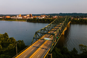 Late Evening Aerial View of Robert C. Byrd Truss Bridge - Ohio River - Huntington, West Virginia