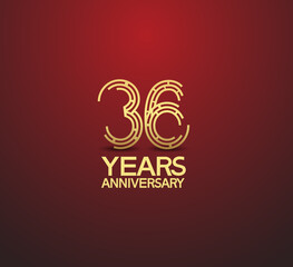 36 years golden anniversary logotype with labyrinth style number isolated on red background. vector can be use for template, company special event and celebration moment