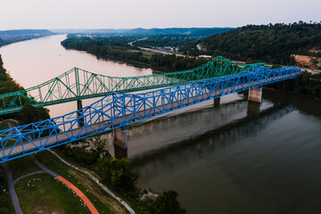 Aerial of Colorful Historic 12th & 13th Street Bridges - Ohio River - Ashland, Kentucky & Ohio