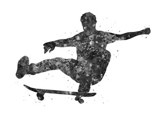 Skater boy black and white watercolor art, abstract sport painting. sport art print, watercolor illustration artistic, greyscale, decoration wall art.