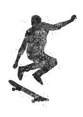 Skateboarding black and white watercolor art, abstract sport painting. sport art print, watercolor illustration artistic, greyscale, decoration wall art.