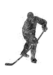 Ice hockey player black and white watercolor art, abstract sport painting. sport art print, watercolor illustration artistic, greyscale, decoration wall art.