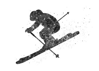 Fototapeta premium Skier black and white watercolor art, abstract sport painting. sport art print, watercolor illustration artistic, greyscale, decoration wall art.