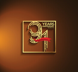 91 years anniversary logotype golden color with square and red ribbon. vector can be use for template, company special event and celebration moment