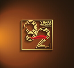 92 years anniversary logotype golden color with square and red ribbon. vector can be use for template, company special event and celebration moment