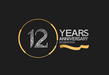 12 years anniversary logotype style with silver and gold color, ring and ribbon. vector can be use for template, company special event and celebration moment - obrazy, fototapety, plakaty