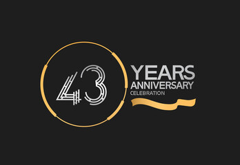 43 years anniversary logotype style with silver and gold color, ring and ribbon. vector design for template company event - obrazy, fototapety, plakaty