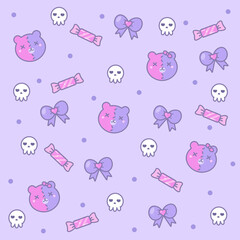 Cute pattern with teddy bear, skulls and sweets on a purple background.

