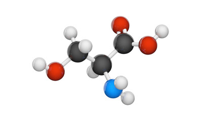 Serine (symbol Ser or S)is an amino acid that is used in the biosynthesis of proteins. Formula: C3H7NO3. 3D illustration. Chemical structure model: Ball and Stick. Isolated on white background.