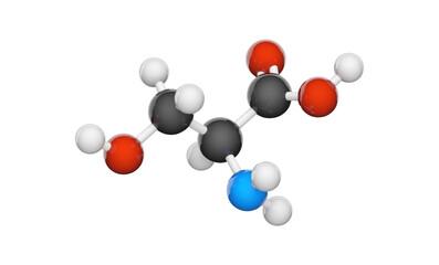 Threonine (symbol Thr or T) is an amino acid that is used in the biosynthesis of proteins. Formula C4H9NO3. 3D illustration. Chemical structure model: Ball and Stick. White background.