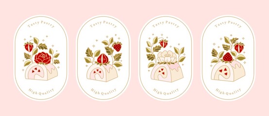 Collection of vintage bakery, pastry, cake logo and food label with strawberry, rose, peony flower elements
