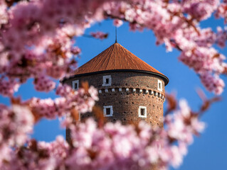 Fototapeta Spring in Krakow - tower of the Wawel Castle in flowers. obraz