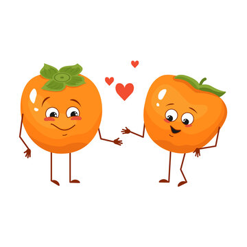 Cute persimmon characters with love emotions, face, arms and legs. The funny or happy food heroes, fruits fall in love