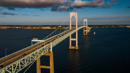 Late Evening Aerial Views of Historic Newport Suspension Bridge - East Passage Narragansett Bay - Rhode Island