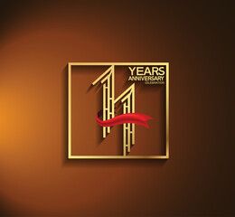 11 years anniversary logotype golden color with square and red ribbon. vector can be use for greeting card, invitation and celebration event