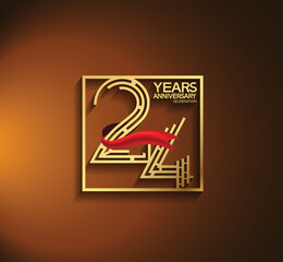 24 years anniversary logotype golden color with square and red ribbon. vector can be use for greeting card, invitation and celebration event