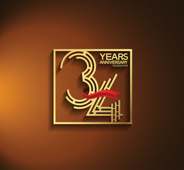 34 years anniversary logotype golden color with square and red ribbon. vector can be use for greeting card, invitation and celebration event