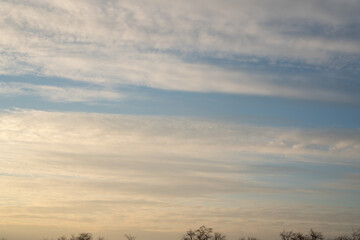 Beautiful sky at sunset and a thin line of the horizon. Creative vintage background.