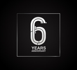 6 years anniversary logotype with cross hatch pattern silver color inside square. vector can be use for greeting card, invitation and celebration event