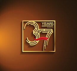 37 years anniversary logotype golden color with square and red ribbon. vector can be use for greeting card, invitation and celebration event