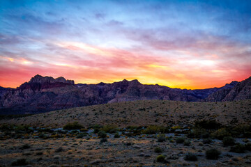 Red Rock Canyon Desert Valley before La Madre Mountain Range Wilderness White Rock Hills Bridge Mountain and Mt Wilson at Sunset from Sandstone Quarry Overlook