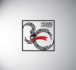 30 years anniversary logotype flat style with square and red ribbon. vector can be use for special moment event and company celebration
