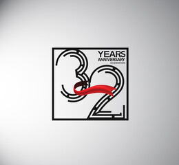 32 years anniversary logotype flat style with square and red ribbon. vector can be use for special moment event and company celebration