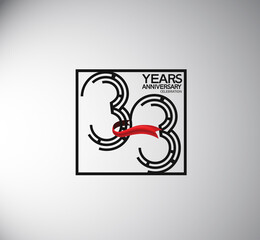 33 years anniversary logotype flat style with square and red ribbon. vector can be use for special moment event and company celebration